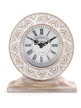 Nikky Home NWT 7" Distressed Wood Hand Carved Analog Clock In Cream/White